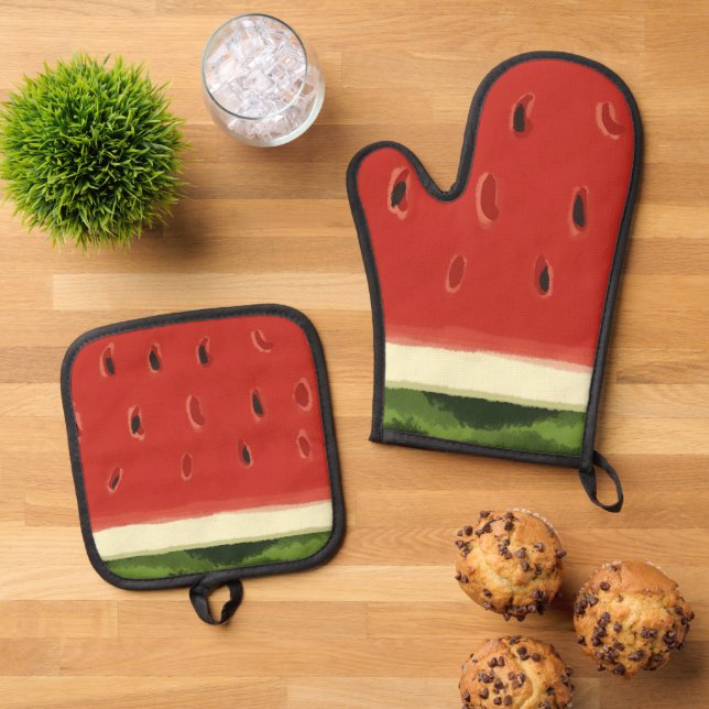Bright Red Watercolor Watermelon  Oven Mitt & Pot Holder Set (Top Down)
