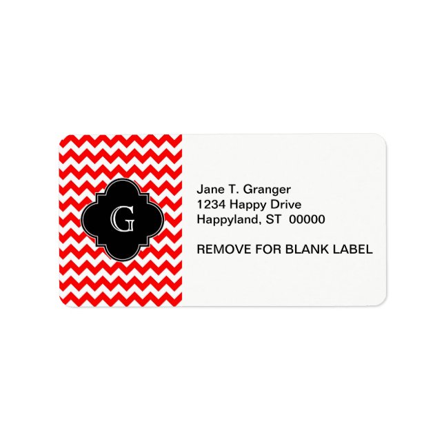 Bright Red White Chevron Black Quatrefoil Monogram Label (Front)