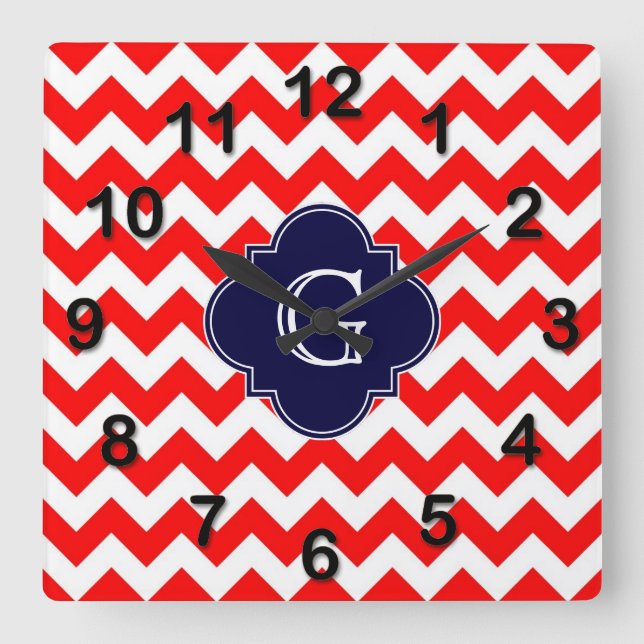 Bright Red White Chevron Navy Quatrefoil Monogram Square Wall Clock (Front)