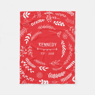 Bright Red White Leaves Floral Monogram Pattern Fleece Blanket