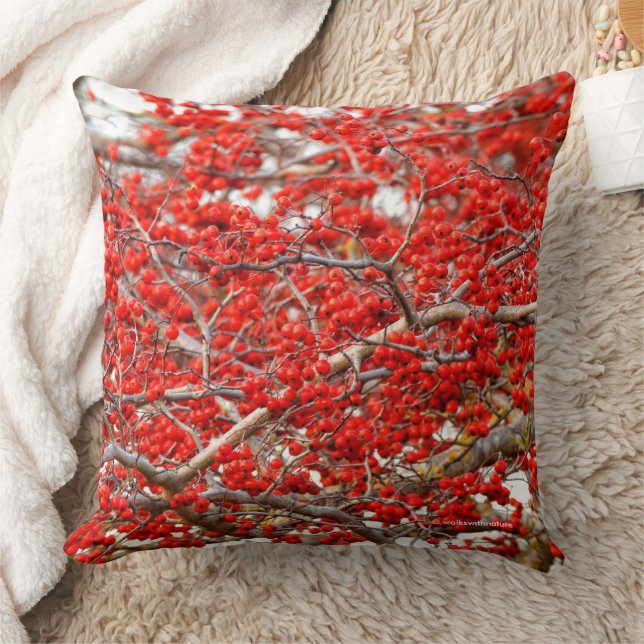 Bright Red Winterberries Holly Tree Berries Throw Pillow (Blanket)