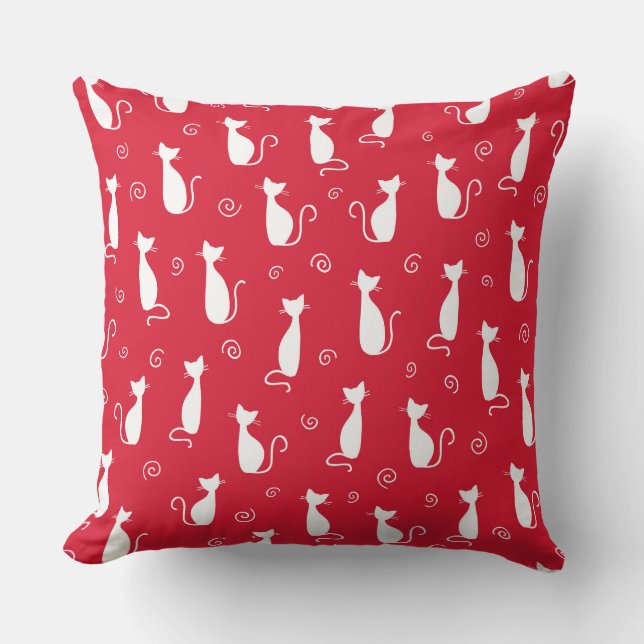 BRIGHT RED WITH WHITE CAT SILHOUETTES THROW PILLOW (Front)
