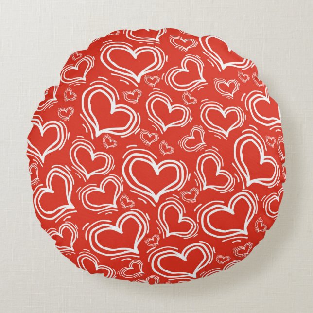BRIGHT RED WITH WHITE HEARTS AND FLOWERS ROUND PILLOW (Front)