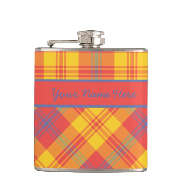Bright Red Yellow and Blue Plaid Custom Hip Flask (Front)