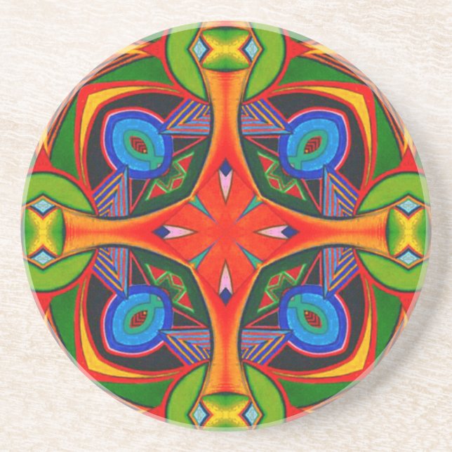 Bright Reds Blues and Greens Pattern Coaster (Front)
