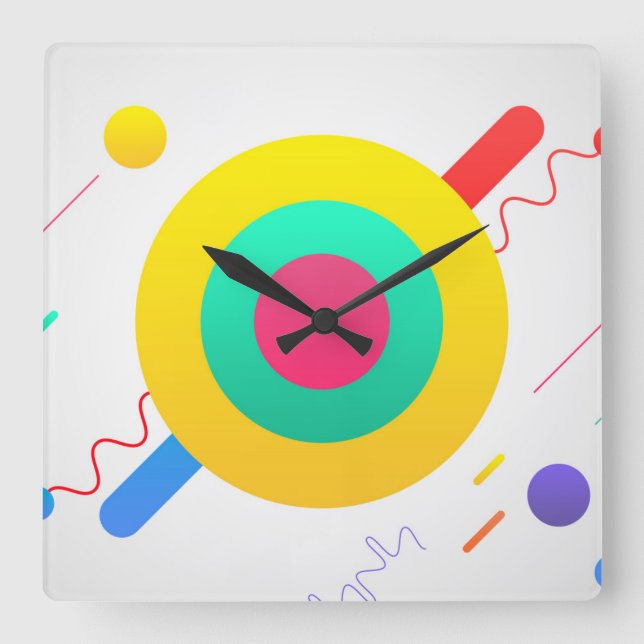 Bright retro 80s colours shapes square wall clock (Front)