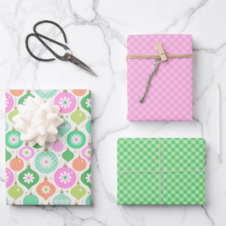 Bright Retro Christmas Ornaments & Checks Pattern Wrapping Paper Sheet