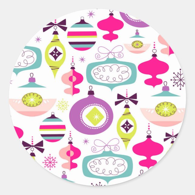 Bright Retro Christmas Ornaments Classic Round Sticker (Front)