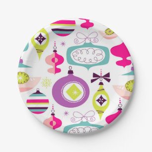 Bright Retro Christmas Ornaments Paper Plate