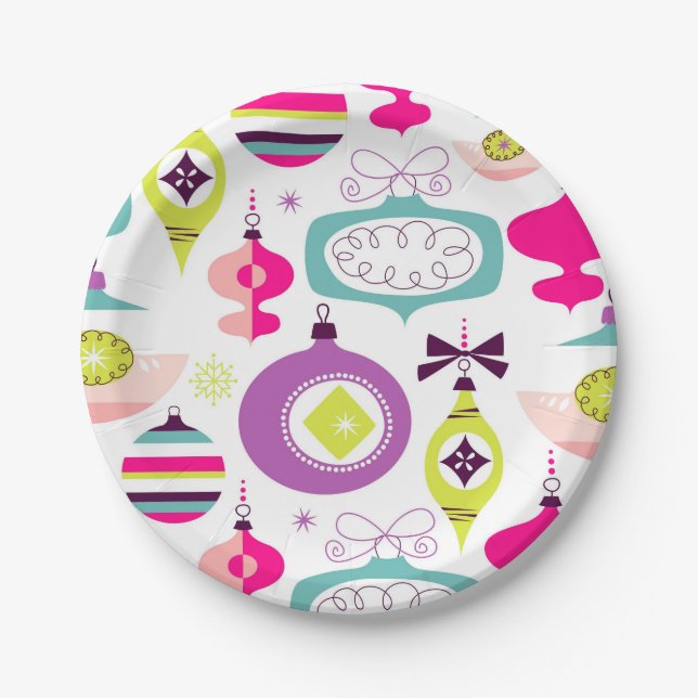Bright Retro Christmas Ornaments Paper Plate (Front)