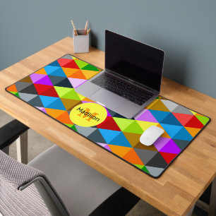Bright retro colourful triangles pattern Monogram Desk Mat