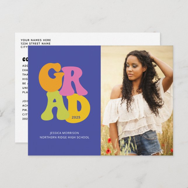 Bright Retro Design 2025 Photo Graduation Postcard (Front/Back)