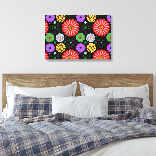 Bright Retro Floral Pattern Colourful Folk Art  Canvas Print (Insitu(Bedroom))