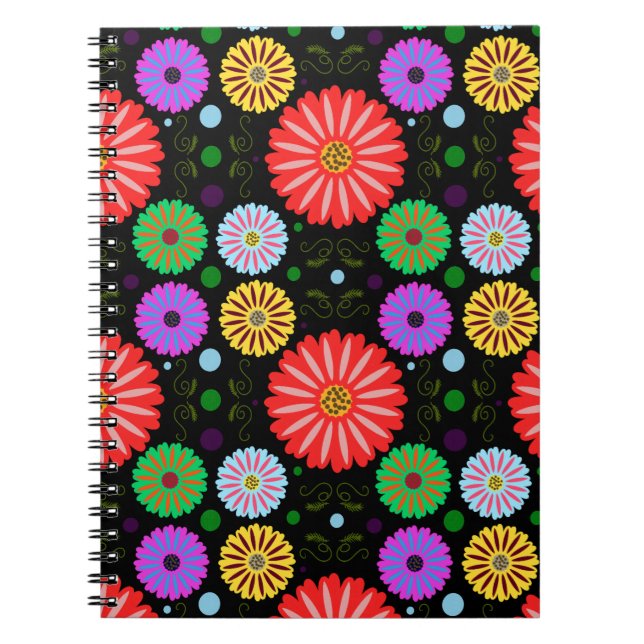 Bright Retro Floral Pattern Colourful Folk Art  Notebook (Front)