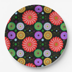 Bright Retro Floral Pattern Colourful Folk Art Paper Plate