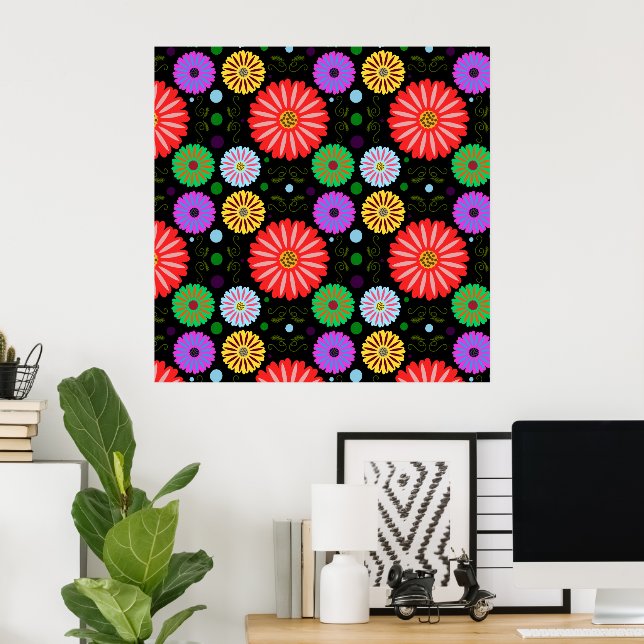 Bright Retro Floral Pattern Colourful Folk Art  Poster (Home Office)