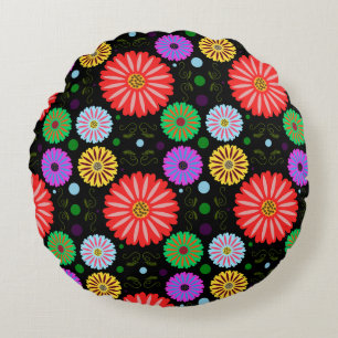 Bright Retro Floral Pattern Colourful Folk Art  Round Pillow