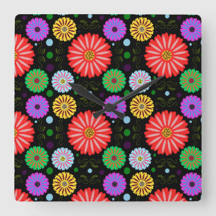 Bright Retro Floral Pattern Colourful Folk Art Square Wall Clock
