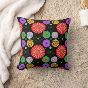 Bright Retro Floral Pattern Colourful Folk Art Throw Pillow