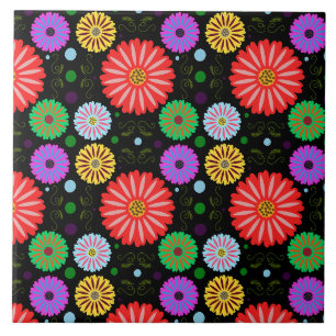 Bright Retro Floral Pattern Colourful Folk Art Tile