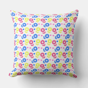 Bright Retro Floral Pattern with Hearts Throw Pillow
