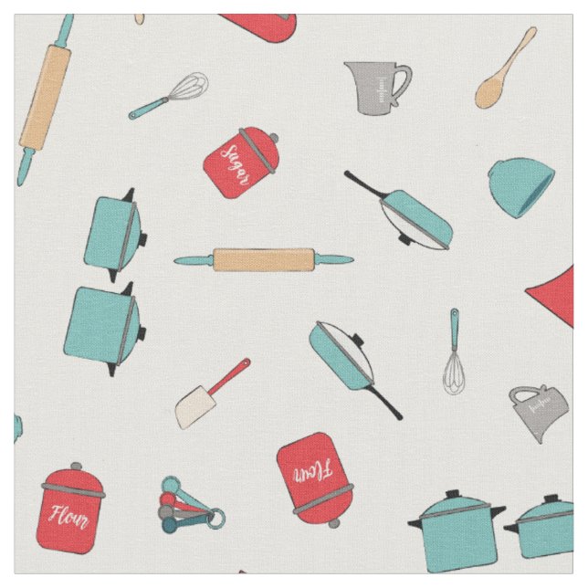 Bright, retro kitchen and baking tools & utensils fabric (Close Up)