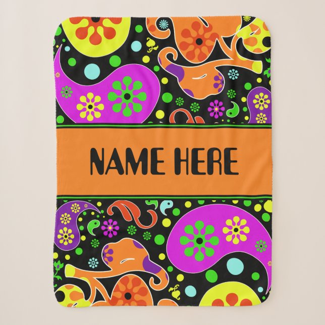 Bright Retro Paisley Pattern Custom Name Blanket (Front)
