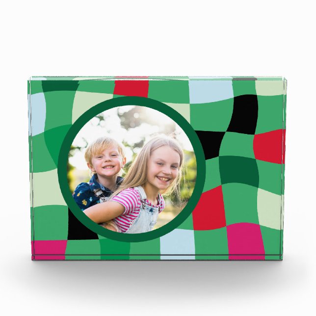 Bright Retro Plaid Round Photo Block (Front)