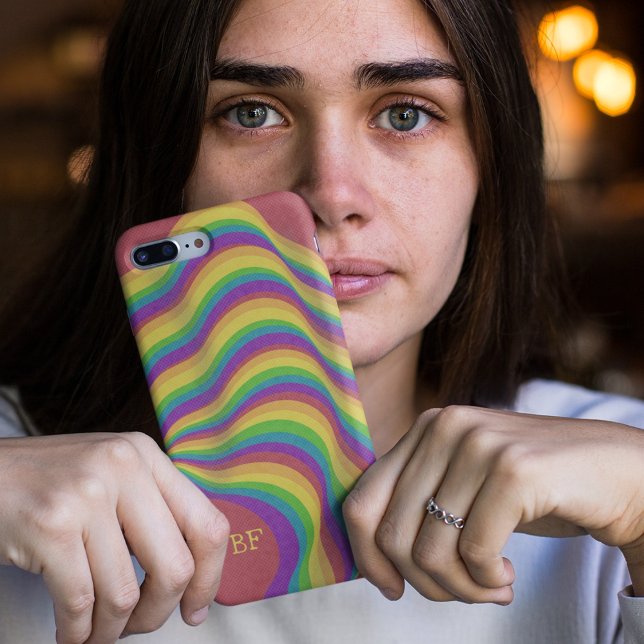 Bright Retro Wavy Rainbow Lines Monogram Initials iPhone Case (Creator Uploaded)
