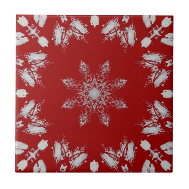 Bright rich red silver star flower geometric  tile (Front)
