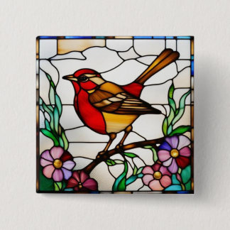 Bright Robin in Stained Glass 2 Inch Square Button