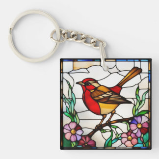 Bright Robin in Stained Glass Keychain