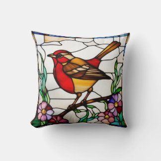 Bright Robin in Stained Glass Throw Pillow