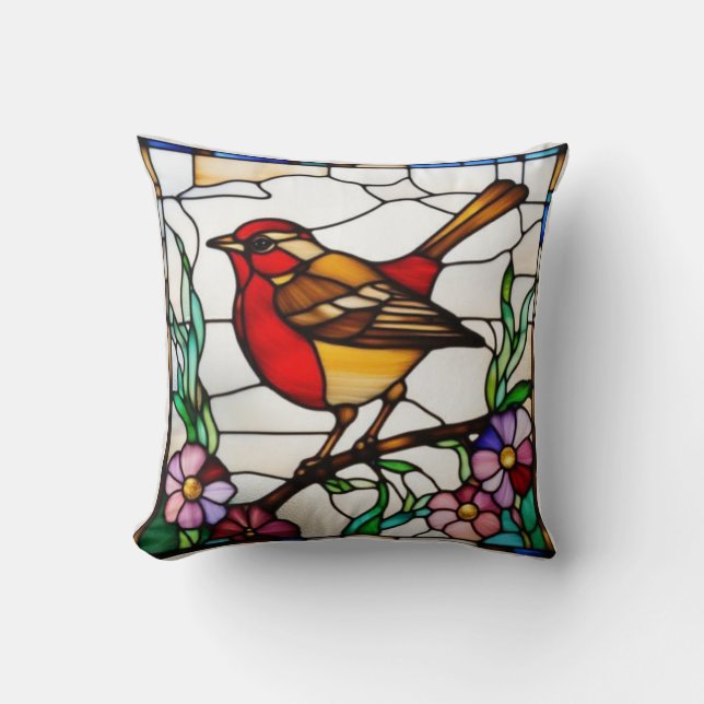 Bright Robin in Stained Glass Throw Pillow (Front)
