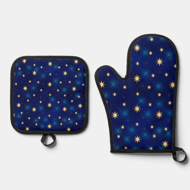 BRIGHT ROYAL BLUE WITH GOLD STARS OVEN MITT & POT HOLDER SET (Front)