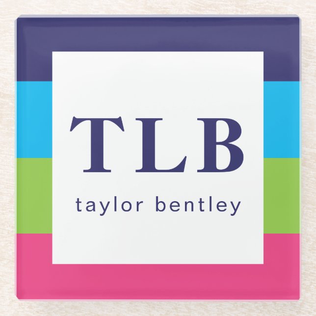 Bright Rugby Stripes Monogrammed Glass Coasters (Front)
