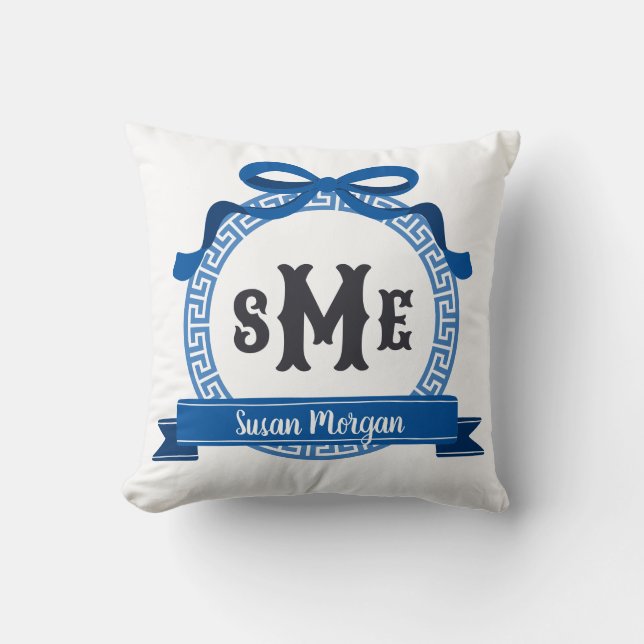Bright Sail Blue Greek Key Bow Monogram Throw Pillow (Front)
