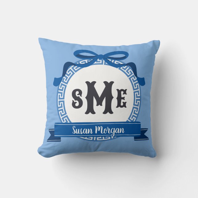 Bright Sail Blue Reverse Greek Key Bow Monogram Throw Pillow (Front)