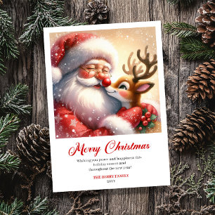 Bright Santa And Rudolph Merry Christmas Greeting Holiday Card