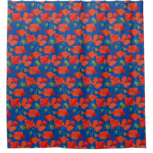 Bright Scarlet Poppies on Blue Floral Pattern