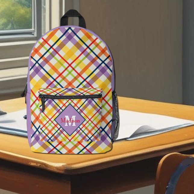 Bright School Plaid Purple Monogram Printed Backpack (Creator Uploaded)