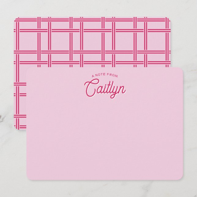 Bright Script Pink Basket Weave Personalized Flat Card (Front/Back)