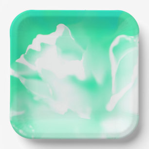 Bright Seafoam Green Flower Print Paper Plate