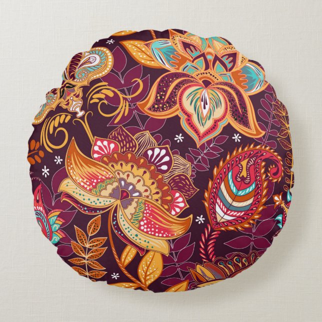Bright seamless pattern in paisley style. Colorful Round Pillow (Front)