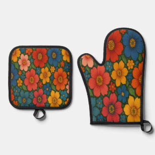Bright Seamless Wildflower Pattern Oven Mitt & Pot Holder Set