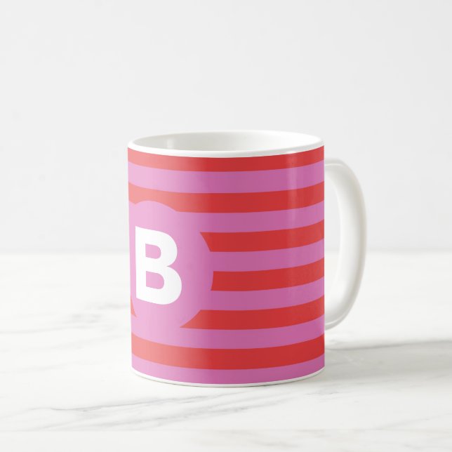 Bright Shades of Pink Striped Monogrammed Coffee Mug (Front Right)