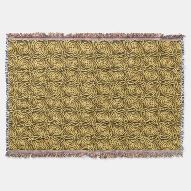 Bright Shiny Golden Celtic Spiral Knots Pattern Throw Blanket (Front)