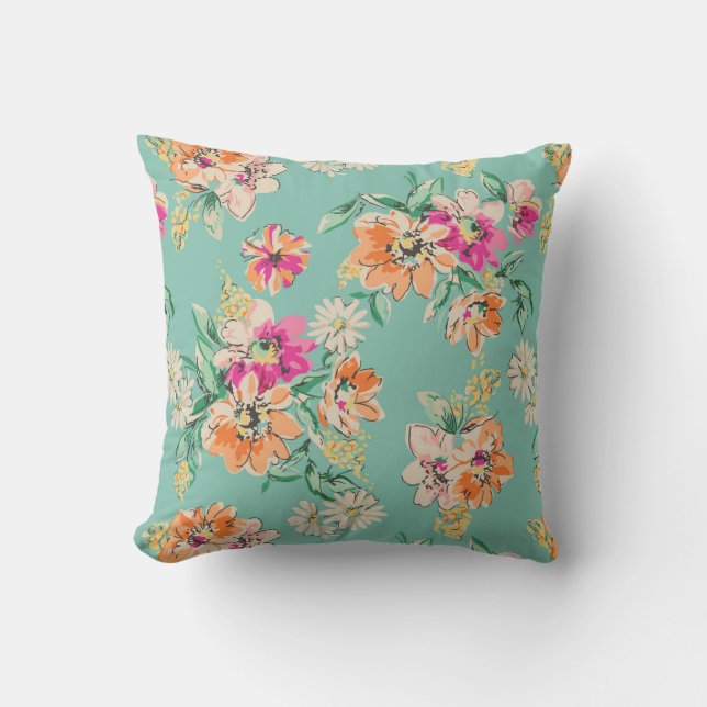 Bright Sketch Floral Pattern Throw Pillow (Front)