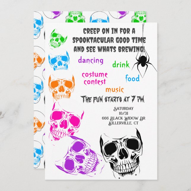 Bright Skulls Halloween Party Invitation (Front/Back)