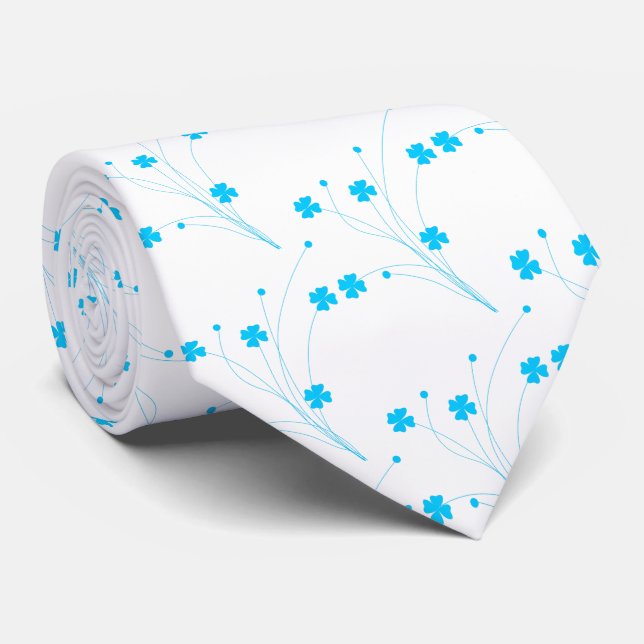 Bright Sky Blue Flowers, Small Floral Print Tie (Rolled)